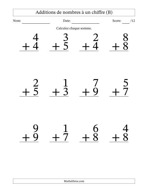 12 questions d'addition de nombres à un chiffre quelques unes avec retenue. (B)