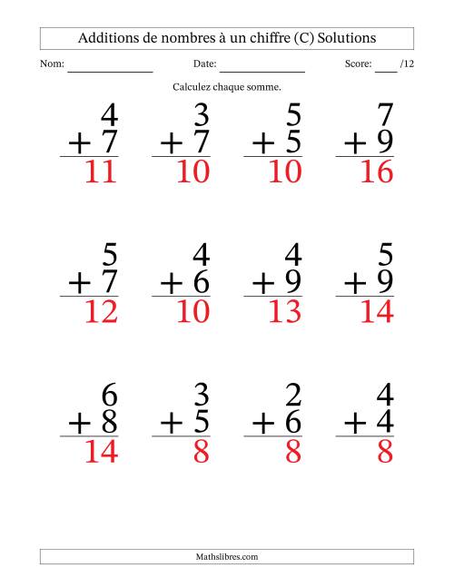 12 questions d'addition de nombres à un chiffre quelques unes avec retenue. (C) page 2