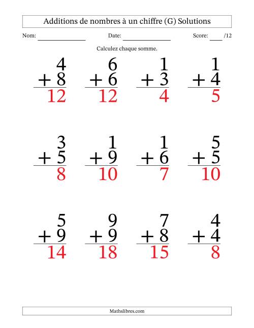 12 questions d'addition de nombres à un chiffre quelques unes avec retenue. (G) page 2