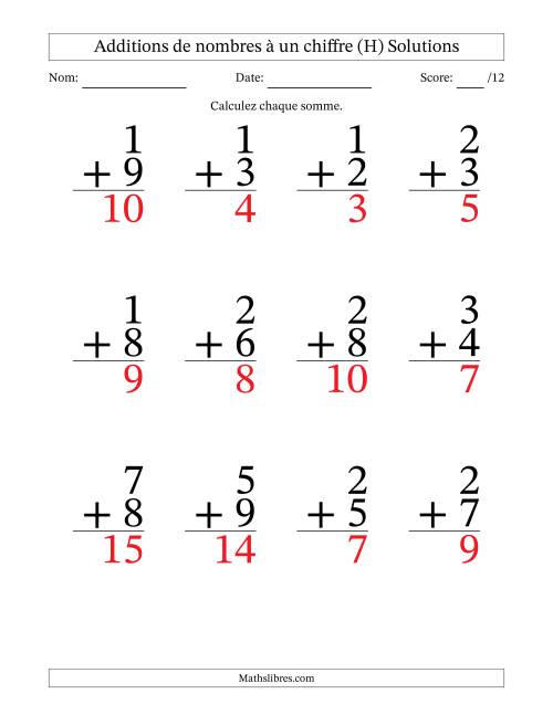 12 questions d'addition de nombres à un chiffre quelques unes avec retenue. (H) page 2