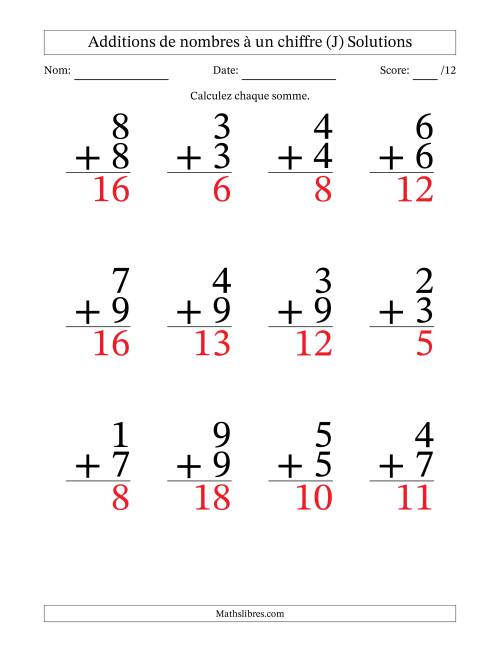 12 questions d'addition de nombres à un chiffre quelques unes avec retenue. (J) page 2