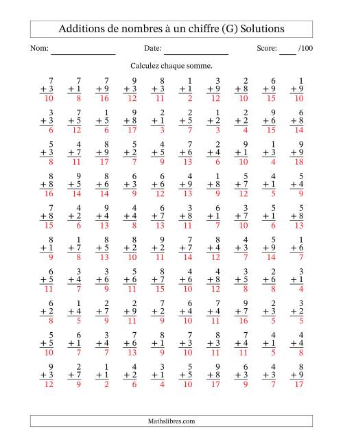 100 questions d'addition de nombres à un chiffre quelques unes avec retenue. (G) page 2