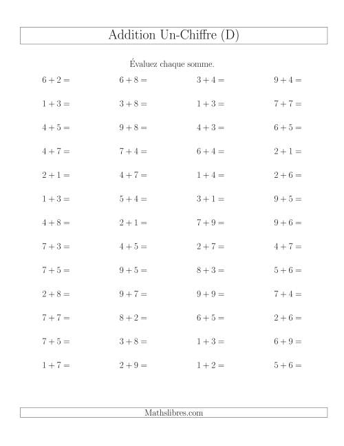 Addition de nombres à un chiffre, quelques unes avec retenue -- 52 par page (D)