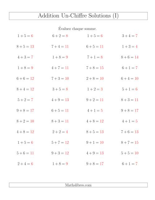Addition de nombres à un chiffre, quelques unes avec retenue -- 52 par page (I) page 2
