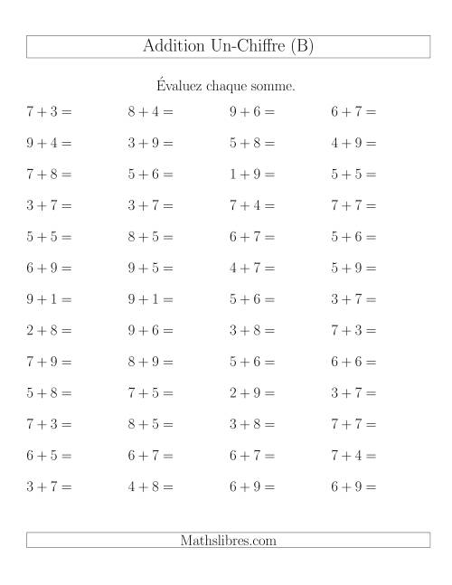 Addition de nombres à un chiffre avec retenue -- 52 par page (B)