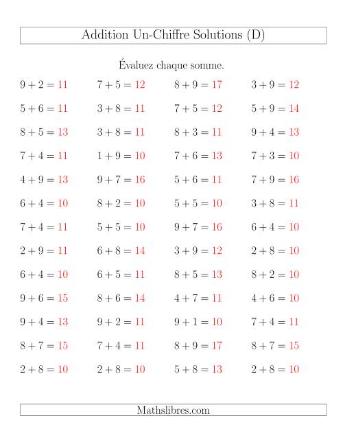 Addition de nombres à un chiffre avec retenue -- 52 par page (D) page 2