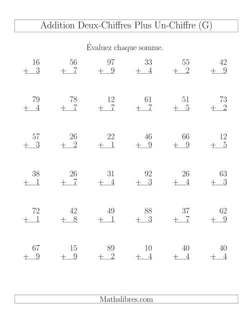 Addition de nombres à Un et Deux Chiffres (36 par page) (G)