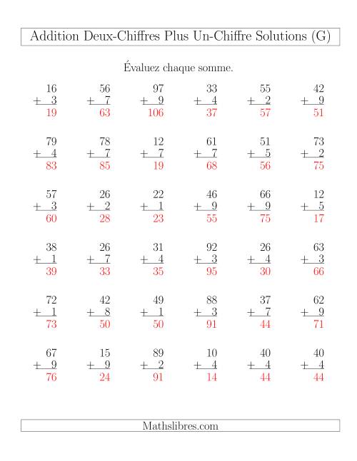 Addition de nombres à Un et Deux Chiffres (36 par page) (G) page 2