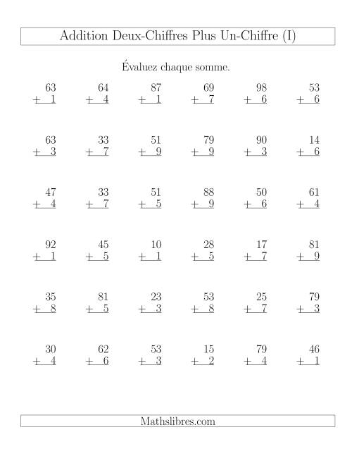 Addition de nombres à Un et Deux Chiffres (36 par page) (I)