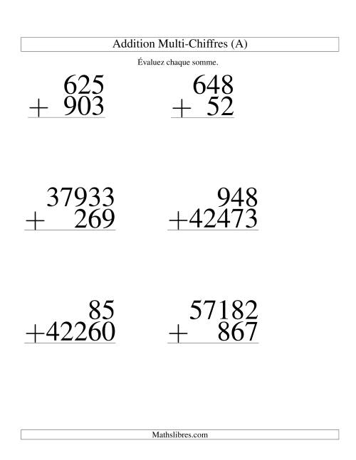Addition de nombres à chiffres variés (Gros Caractères)