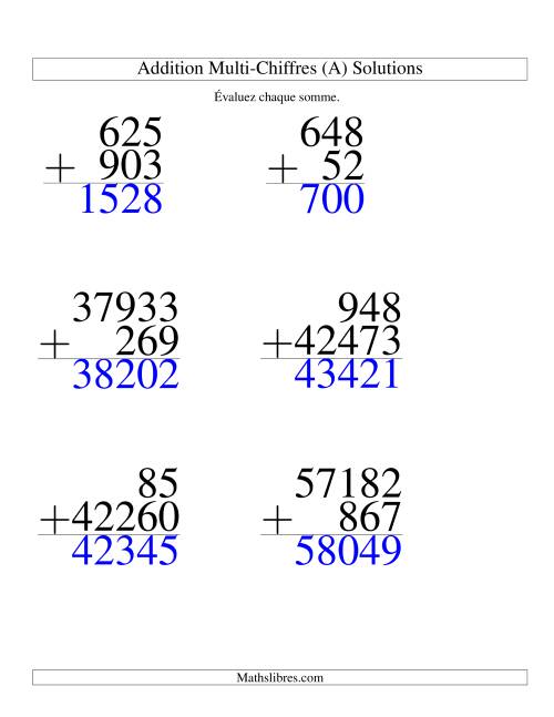Addition de nombres à chiffres variés (Gros Caractères) page 2