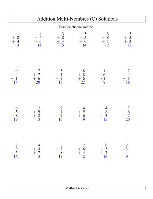 Addition de trois nombres à un chiffre (C) page 2