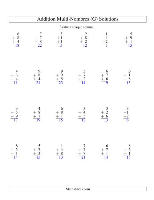 Addition de trois nombres à un chiffre (G) page 2
