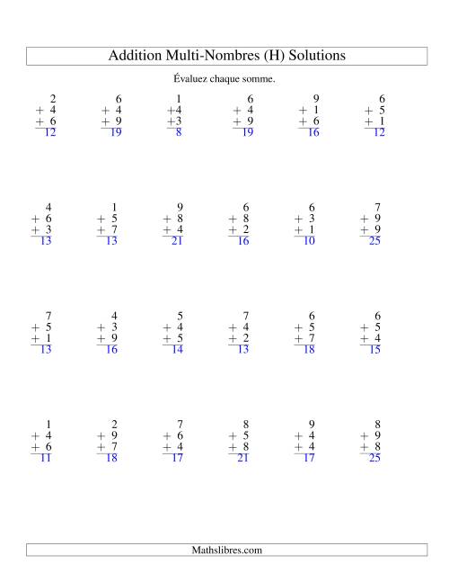 Addition de trois nombres à un chiffre (H) page 2
