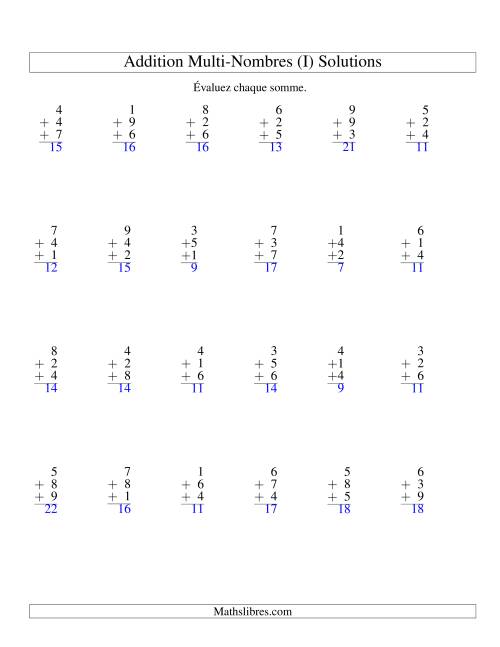 Addition de trois nombres à un chiffre (I) page 2