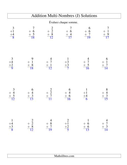 Addition de trois nombres à un chiffre (J) page 2