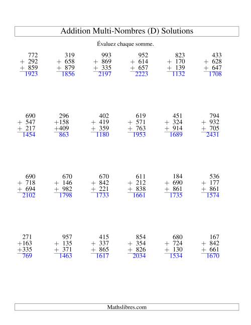 Addition de trois nombres à trois chiffres (D) page 2