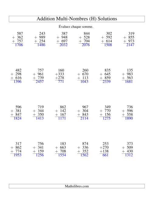 Addition de trois nombres à trois chiffres (H) page 2
