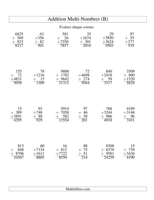 Addition de trois nombres à chiffres variés (B)