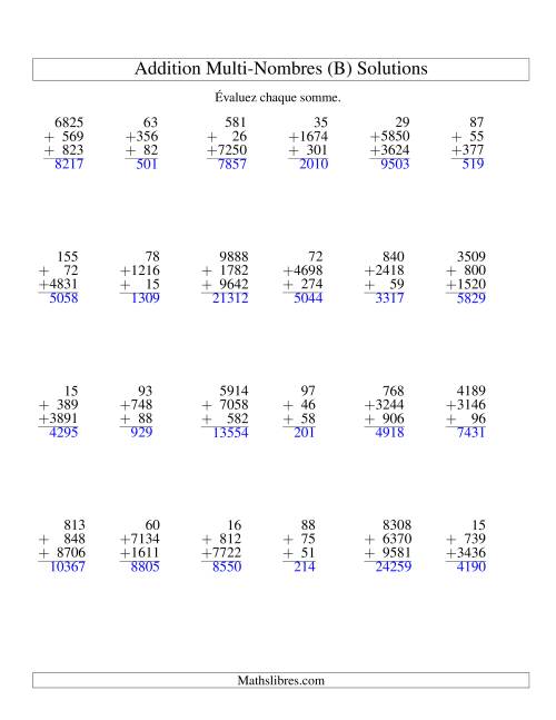 Addition de trois nombres à chiffres variés (B) page 2