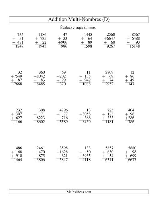 Addition de trois nombres à chiffres variés (D)