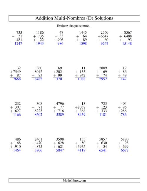 Addition de trois nombres à chiffres variés (D) page 2