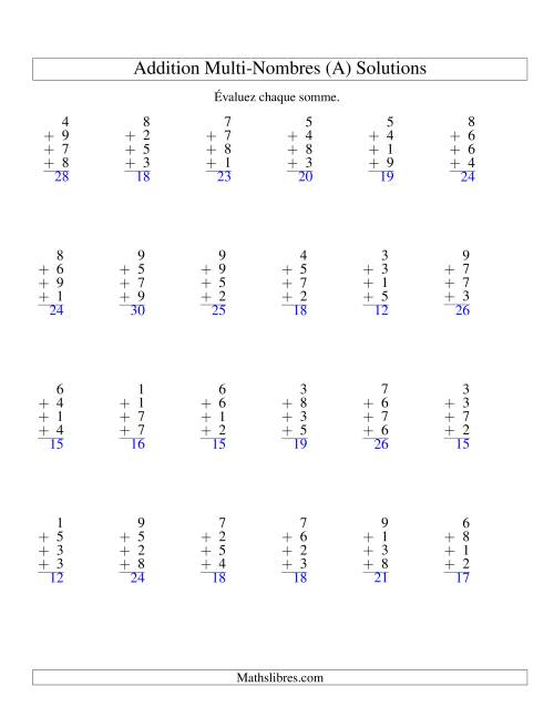 Addition de quatre nombres à un chiffre (A) page 2