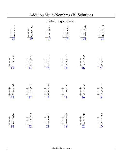 Addition de quatre nombres à un chiffre (B) page 2