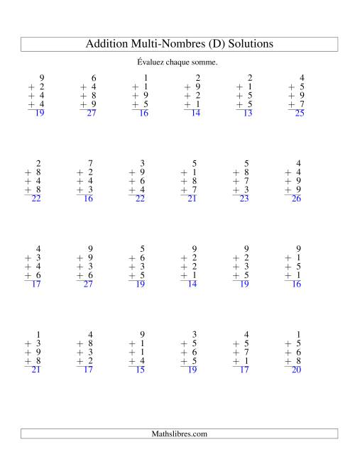 Addition de quatre nombres à un chiffre (D) page 2