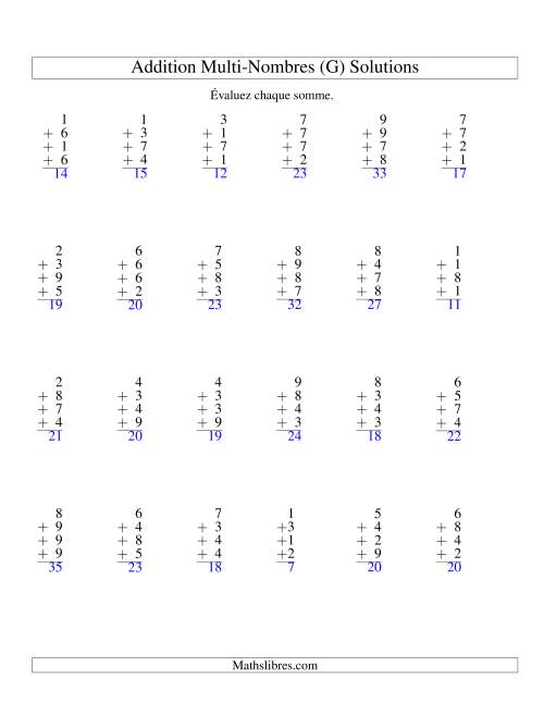 Addition de quatre nombres à un chiffre (G) page 2