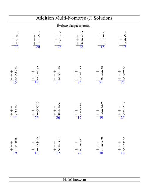 Addition de quatre nombres à un chiffre (J) page 2