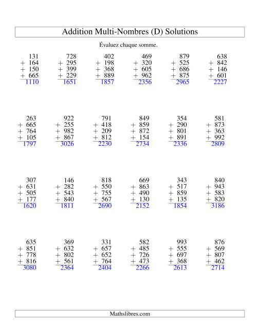Addition de quatre nombres à trois chiffres (D) page 2