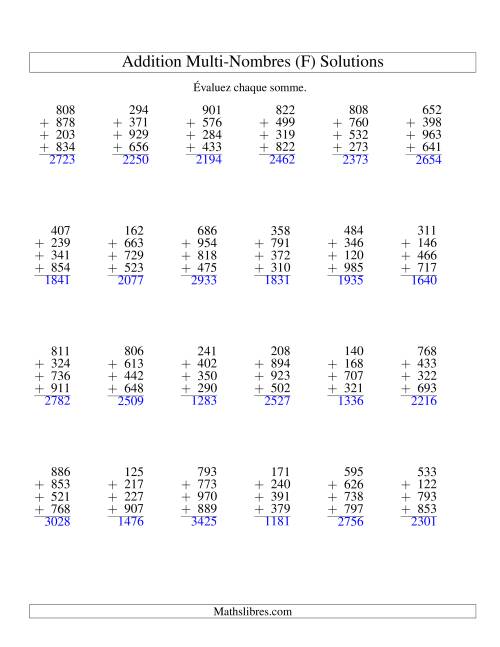 Addition de quatre nombres à trois chiffres (F) page 2