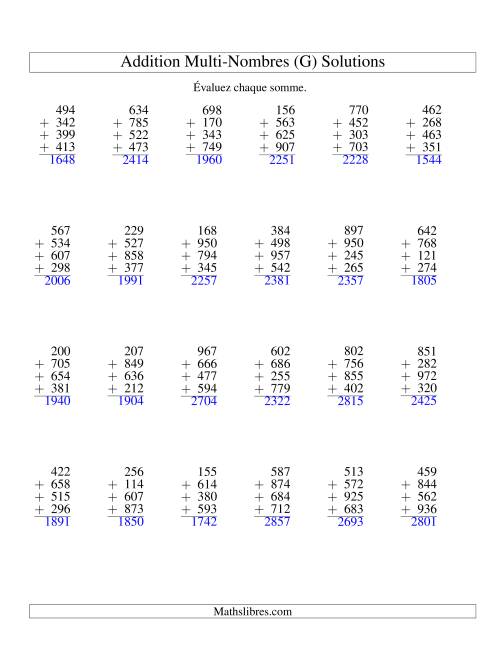 Addition de quatre nombres à trois chiffres (G) page 2