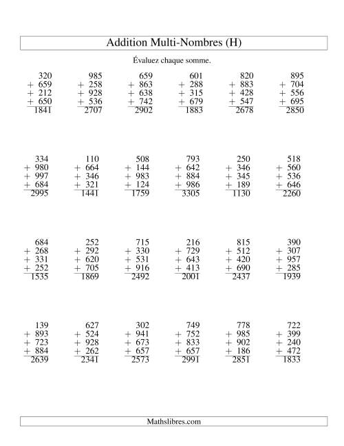 Addition de quatre nombres à trois chiffres (H)