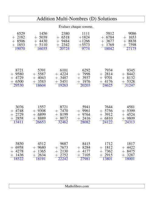 Addition de quatre nombres à quatre chiffres (D) page 2
