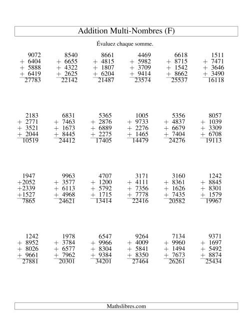 Addition de quatre nombres à quatre chiffres (F)
