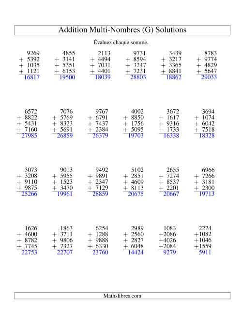 Addition de quatre nombres à quatre chiffres (G) page 2
