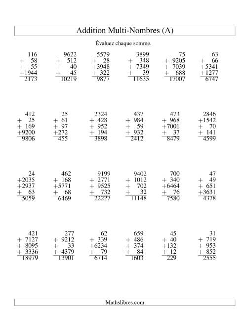 Addition de quatre nombres à chiffres variés (A)