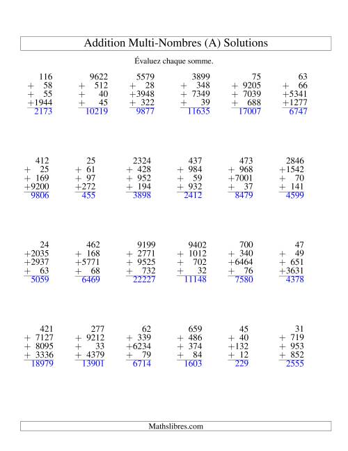 Addition de quatre nombres à chiffres variés (A) page 2