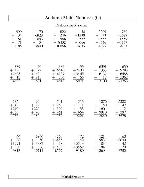 Addition de quatre nombres à chiffres variés (C)
