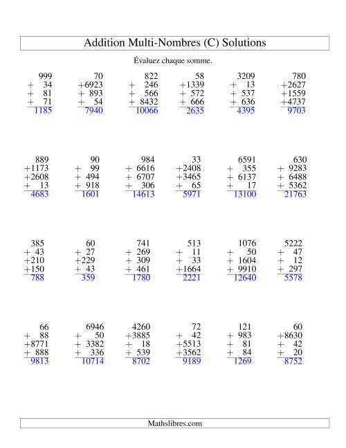 Addition de quatre nombres à chiffres variés (C) page 2