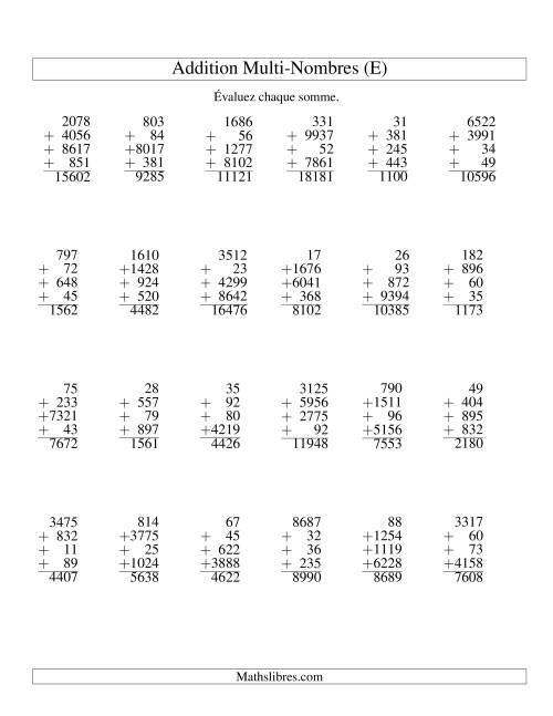 Addition de quatre nombres à chiffres variés (E)