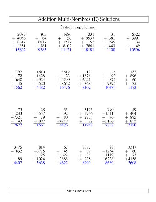 Addition de quatre nombres à chiffres variés (E) page 2