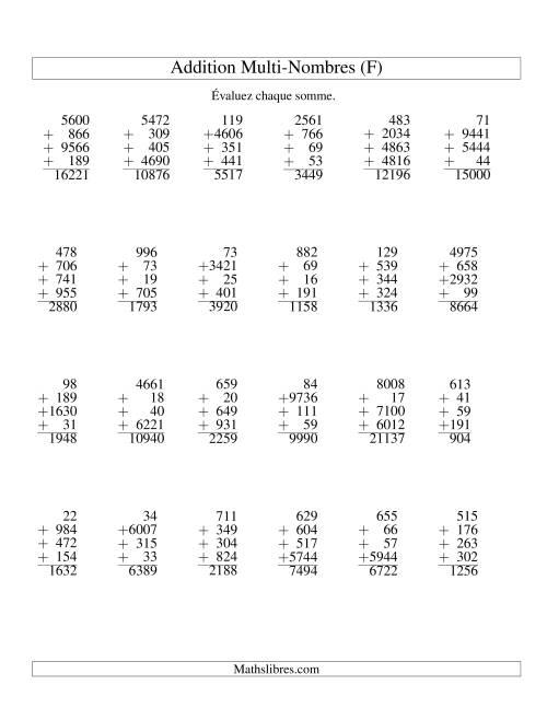 Addition de quatre nombres à chiffres variés (F)