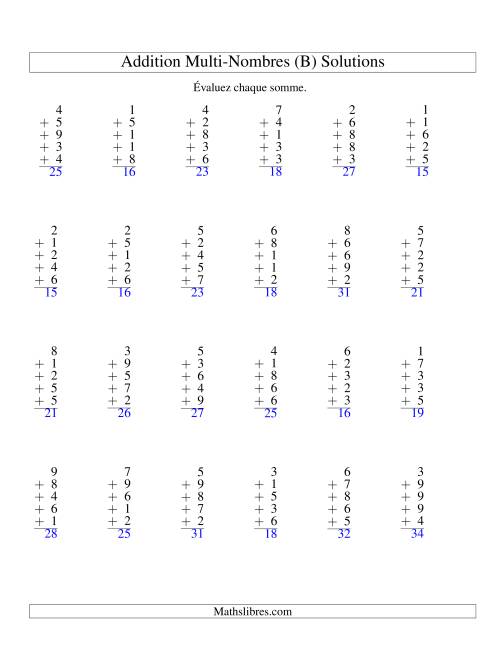 Addition de cinq nombres à un chiffre (B) page 2