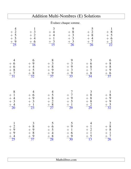 Addition de cinq nombres à un chiffre (E) page 2
