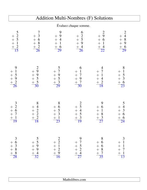Addition de cinq nombres à un chiffre (F) page 2