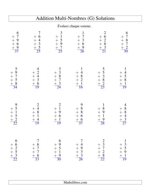 Addition de cinq nombres à un chiffre (G) page 2