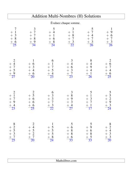Addition de cinq nombres à un chiffre (H) page 2